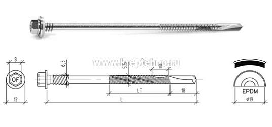 Саморез 6,3-14/5,5-24х240  для крепления сэндвич панелей, Ruspert, увел.сверло 16мм, прокладка EPDM A2