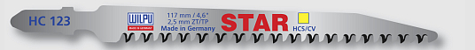 Пилки для лобзика HC 123 STAR, рез 91мм, дерево 3-60мм, пластик, быстрый чистый рез ( 5шт/уп), WILPU