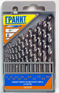 Набор сверл по металлу 13шт (1,5-6,5мм), HSS-G, быстрореж. сталь, ГРАНИТ