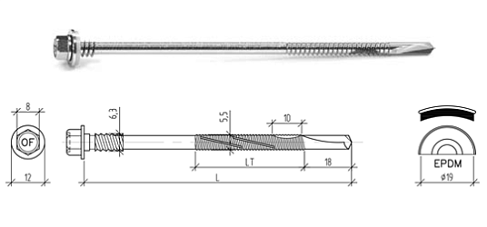 Саморез 6,3-14/5,5-24х160  для крепления сэндвич панелей, Ruspert, увел.сверло 16мм, прокладка EPDM